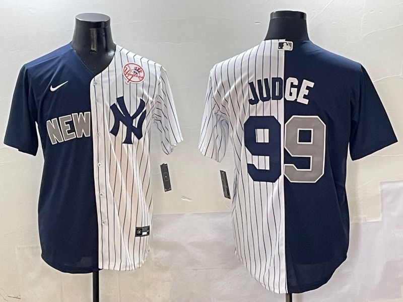 Men New York Yankees #99 Judge White Stripe Blue Game Nike 2025 MLB Jersey style 7